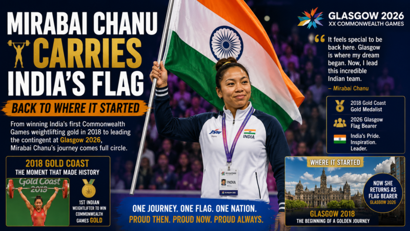 Mirabai Chanu carrying India's flag at the Commonwealth Games opening ceremony